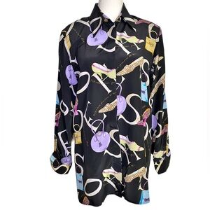 PIANO 100% Silk Novelty Print Button Down Blouse- Retro Eclectic Shoes & Purses
